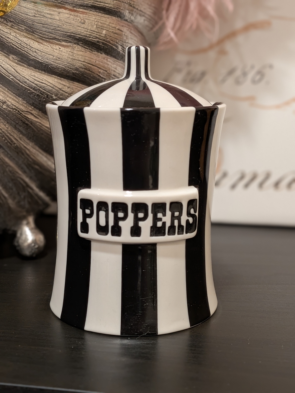 Jonathan Adler Vice Poppers Black White Striped Porcelain Canister
